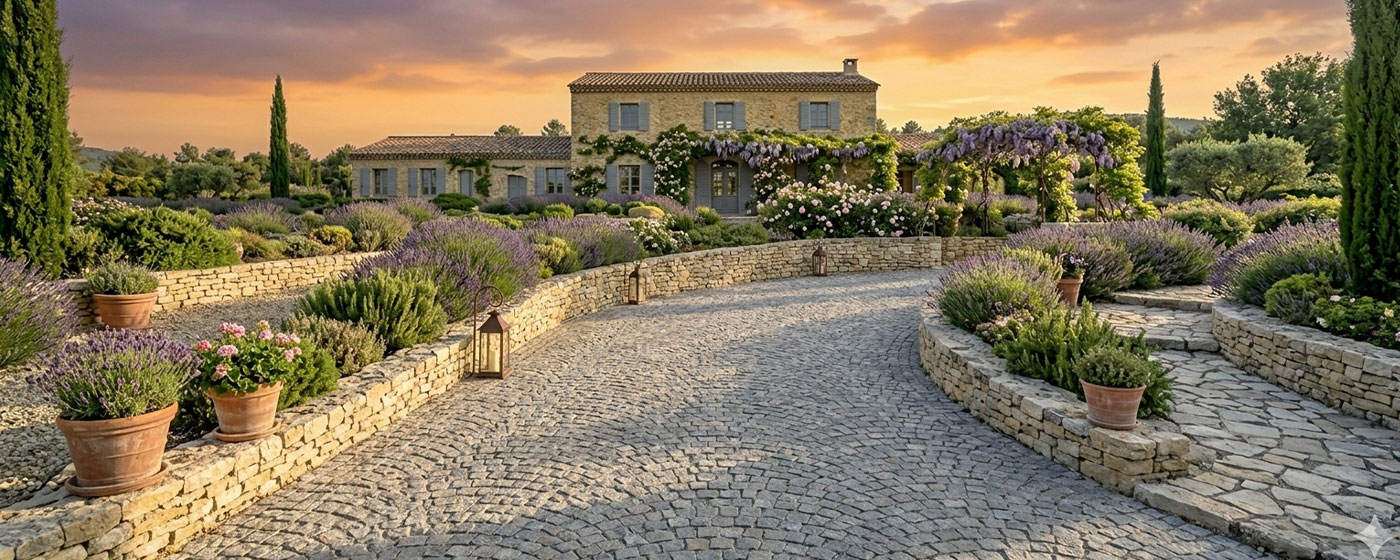 Allée en pavés granit courbe menant à un mas provençal — wisteria sur la façade, ombres longues en fin d'après-midi