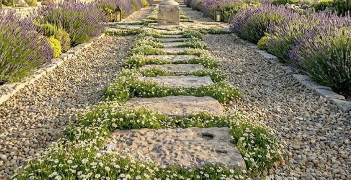 Pas japonais en granit irrégulier dans du gravier — camomille entre les dalles, perspective vers une urne en pierre