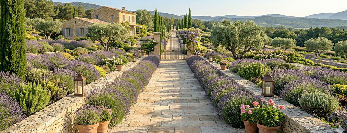 Longue allée en dalles calcaires irrégulières bordée de haies de lavande menant à un portail en fer forgé, lumière matinale