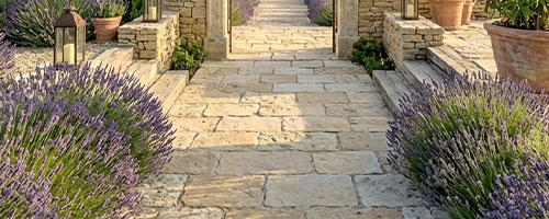 Continuité allée-terrasse en calcaire beige à travers une arche en pierre, oléander en pot