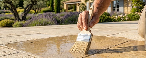 Application d'un imperméabilisant hydrofuge sur une terrasse en pierre calcaire