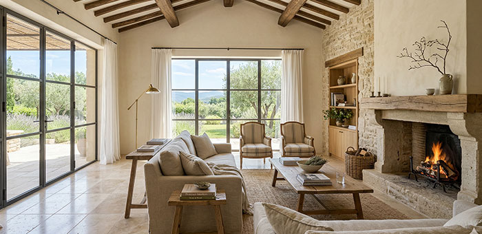 Intérieur provençal avec sol en travertin et cheminée en calcaire taillé