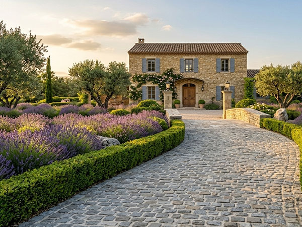 Allée en pavés granit — mas provençal bordé de lavande et de buis taillés