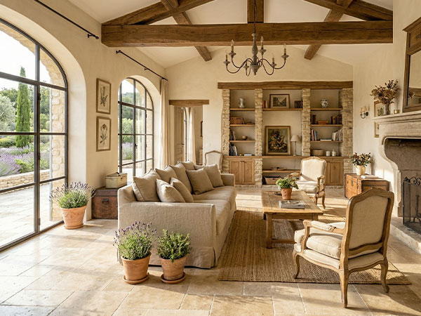 Intérieur provençal — sol en travertin, poutres apparentes et cheminée en pierre calcaire