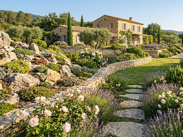 Jardin en terrasses avec muret en pierre naturelle, rosiers et lavande — Provence