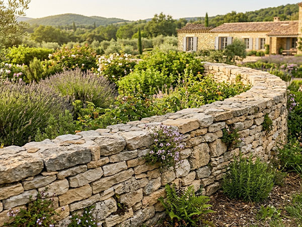 Muret en pierre sèche courbé — jardin provençal avec lavande et mas en arrière-plan