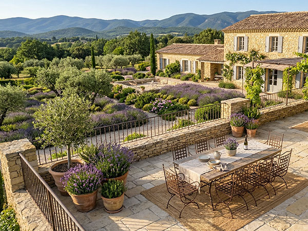 Terrasse en pierre naturelle calcaire — mas provençal avec vue sur le Luberon