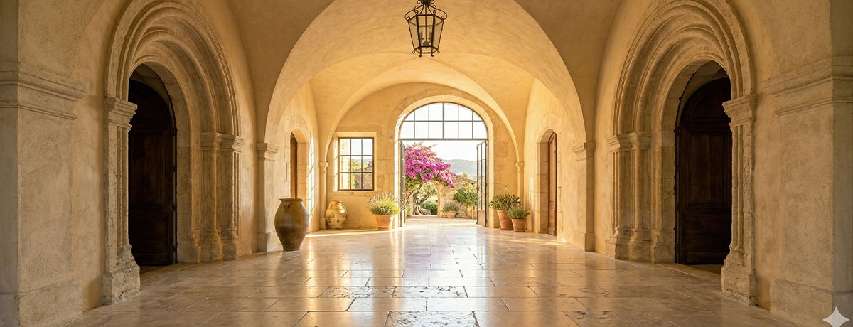 Couloir d'une bastide languedocienne avec sol en calcaire crème poli, arcades en pierre et lumière en contre-jour