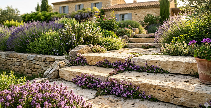 Escalier de jardin en pierre calcaire naturelle — marches irrégulières avec thym et sédum entre les joints