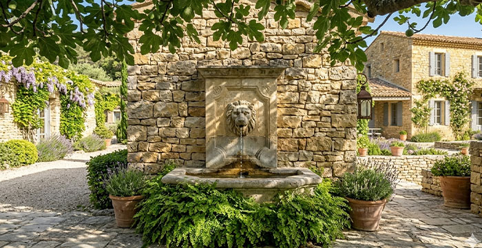 Vasque fontaine monolithe en granit dans un jardin ombragé — eau courante et fougères