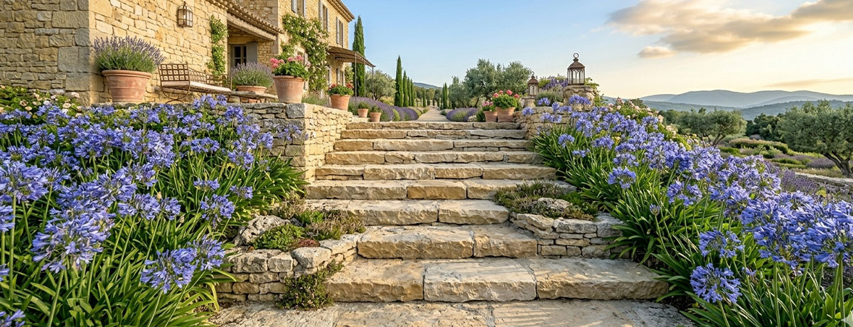 Jardin méditerranéen en terrasses — murets calcaires, rosiers et lavande, Luberon
