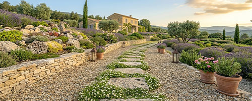 Pas japonais en pierre calcaire dans une pelouse — jardin français