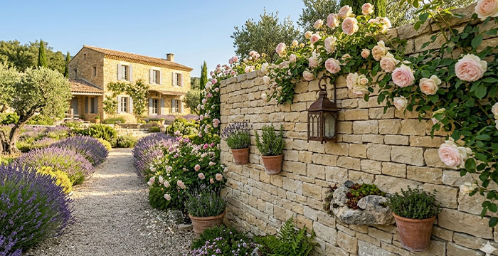 Muret maçonné au mortier de chaux — pierre calcaire, jardin ornemental français