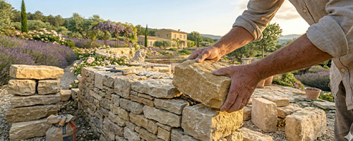 Maçon posant un moellon calcaire sur un muret en pierre sèche