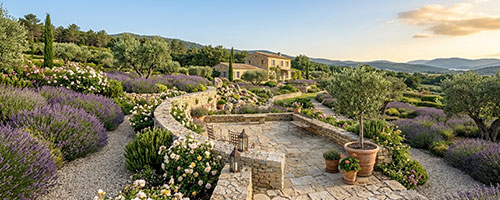 Jardins en terrasses avec murets de soutènement en pierre naturelle, Provence