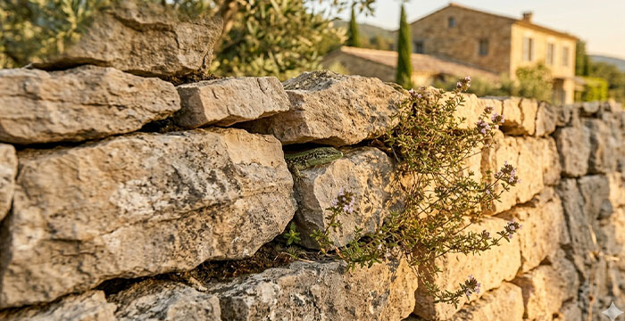 Muret en pierre sèche — moellons calcaires sans mortier, technique ancestrale UNESCO, Provence