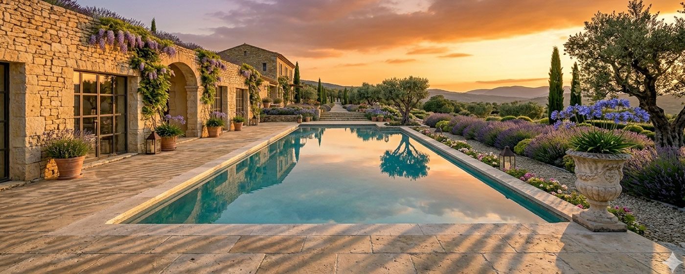 Piscine à débordement avec margelles en travertin crème vieilli — coucher de soleil, reflets orangés sur l'eau turquoise