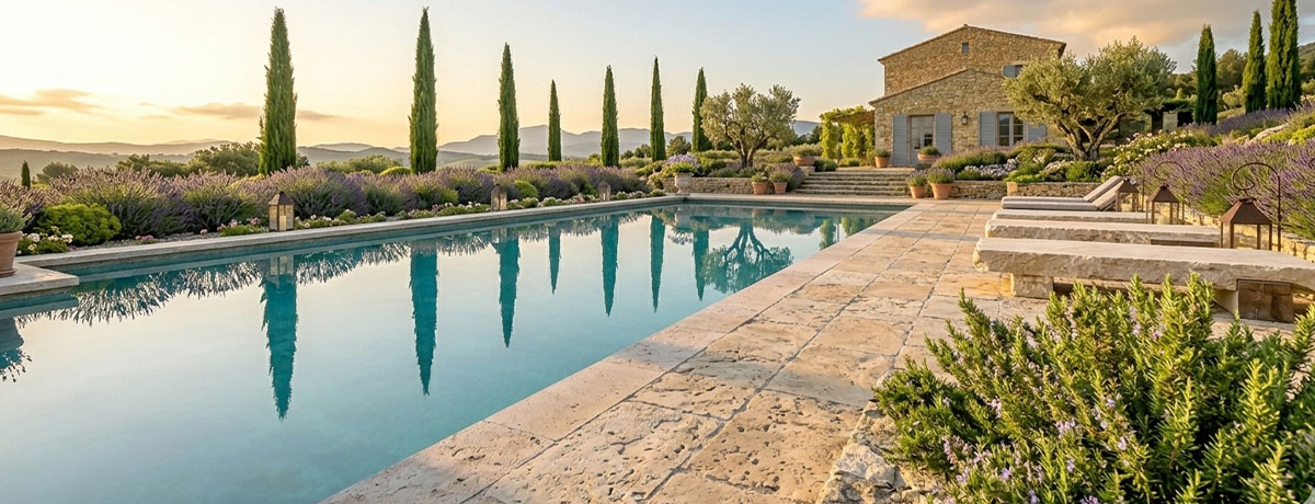 Piscine provençale le matin — margelles en pierre de Bourgogne rosée, reflet des cyprès dans l'eau calme, romarin débordant