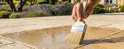 Main appliquant un traitement anti-algues sur une margelle travertin — eau de piscine visible en arrière-plan