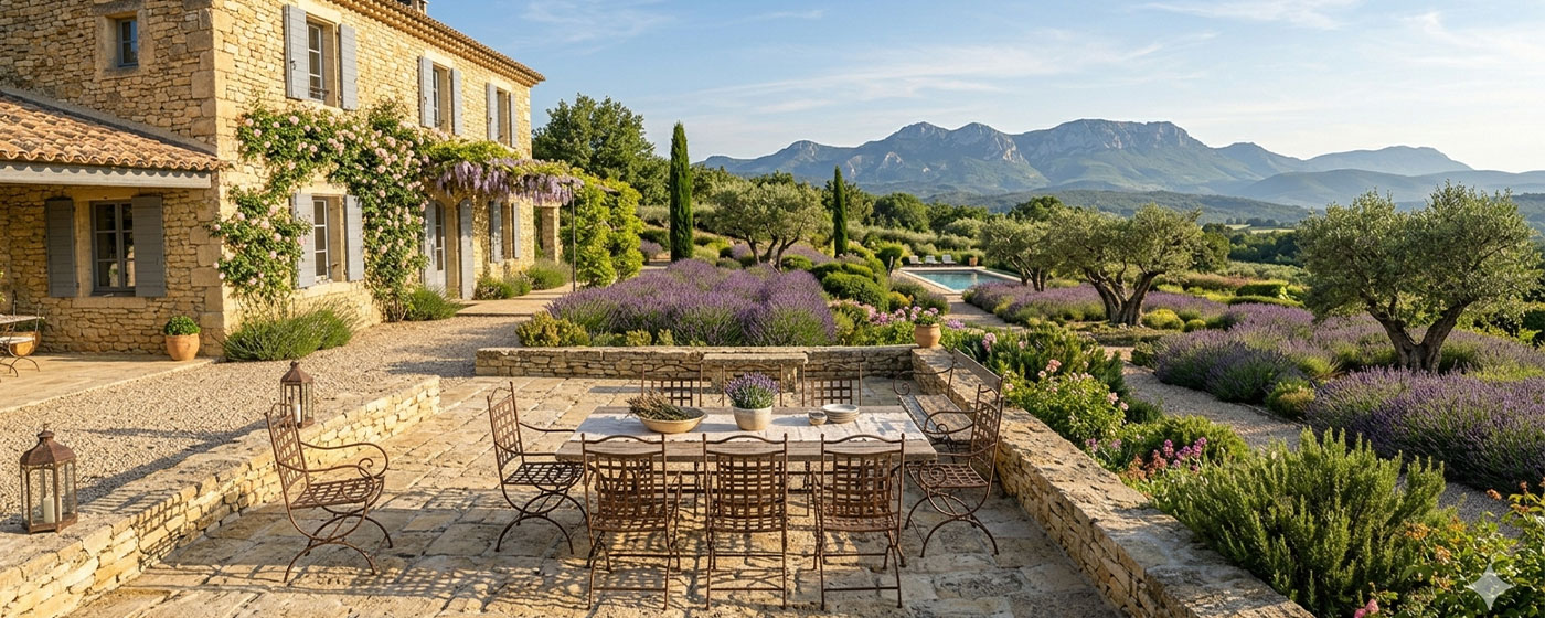 Terrasse en pierre naturelle calcaire opus incertum — mas provençal avec vue sur le Luberon